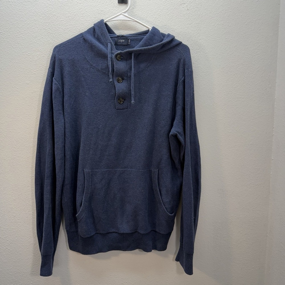 J Crew Cotton Henley Hoodie Sweatshirt Men's Pockets Soft Knit Navy Blue Sz S